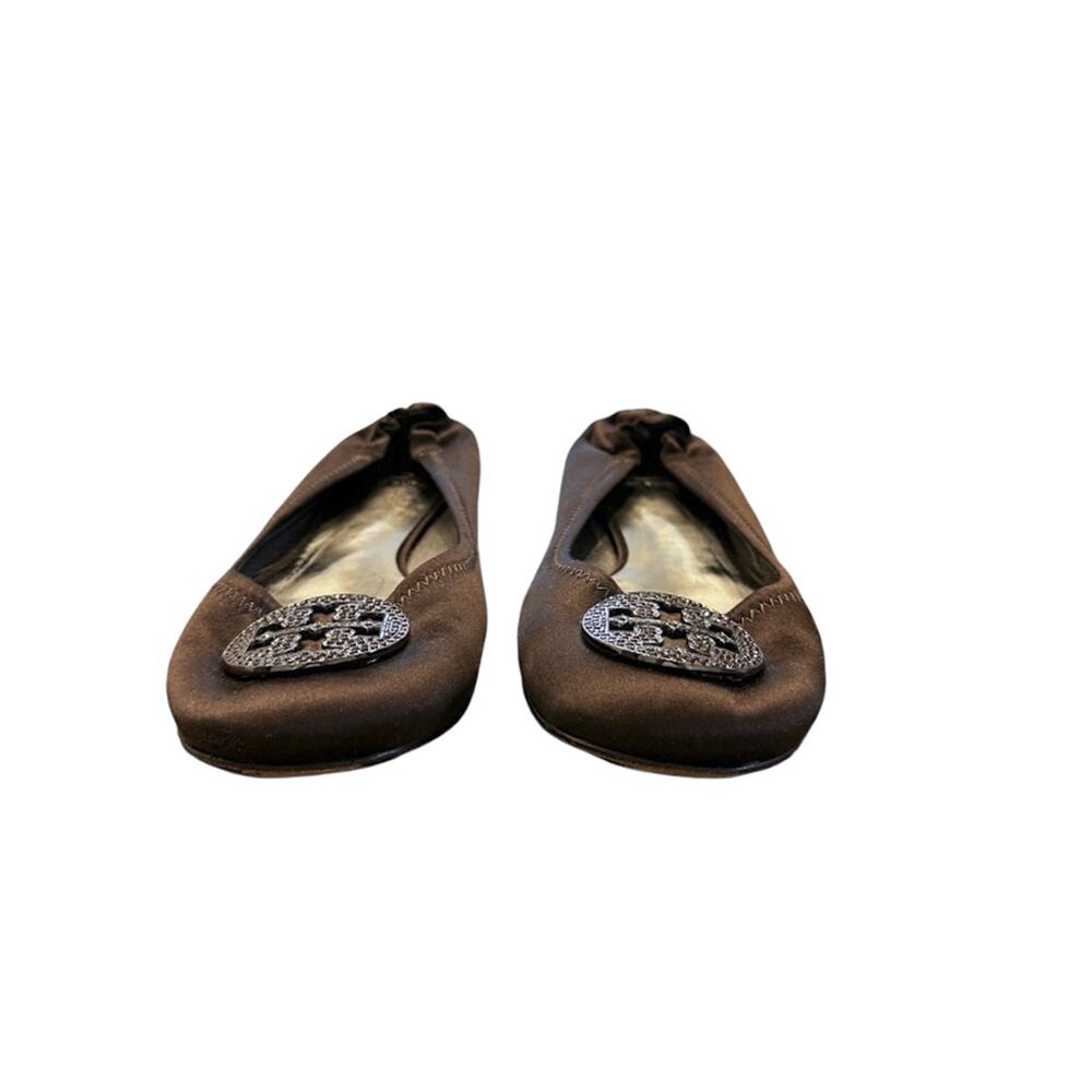Tory Burch Minnie Crystal Reva Embellished Logo Ballet Flats Size 10 Brown - Picture 5 of 10